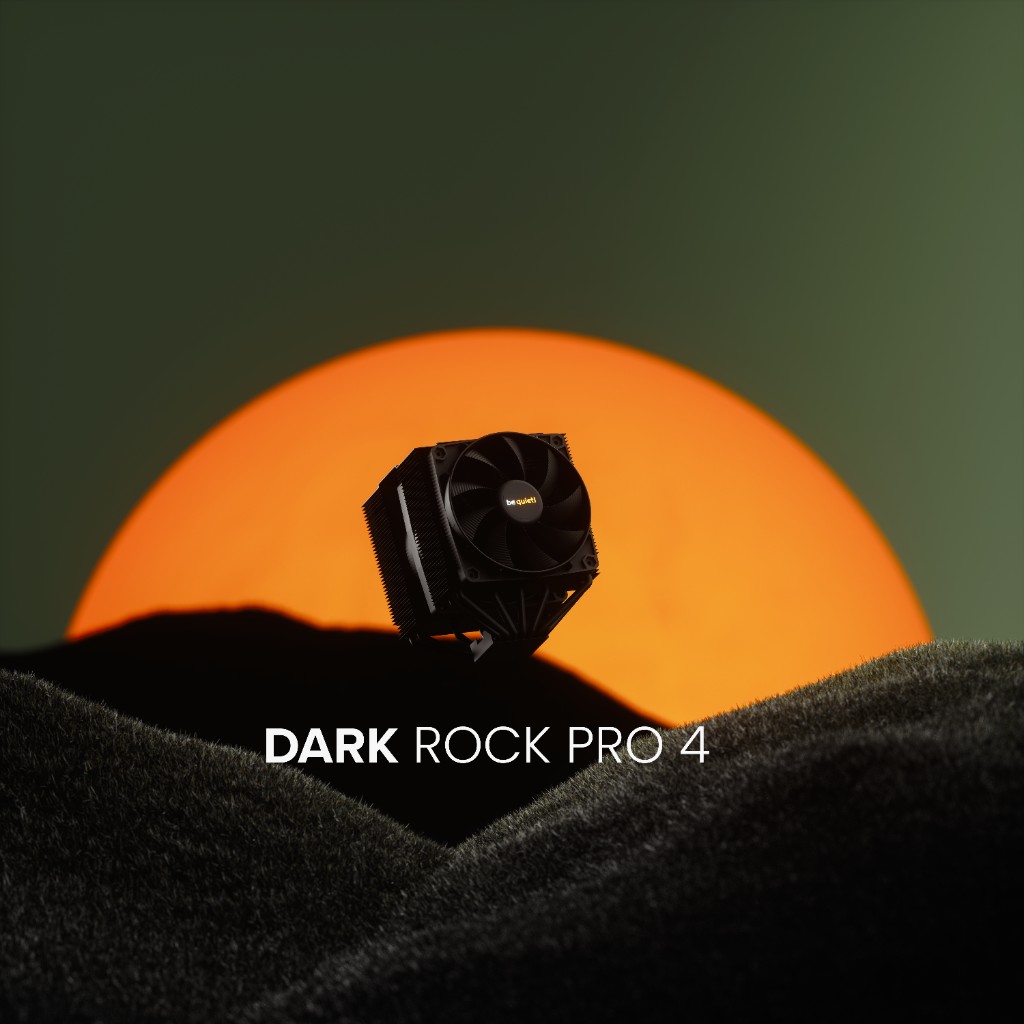 3D-Render des be quiet! Dark Rock Pro 4 vor glühender Sonnenkugel